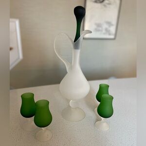 Elegant Frosted Glass Decanter Set with Green Accents
